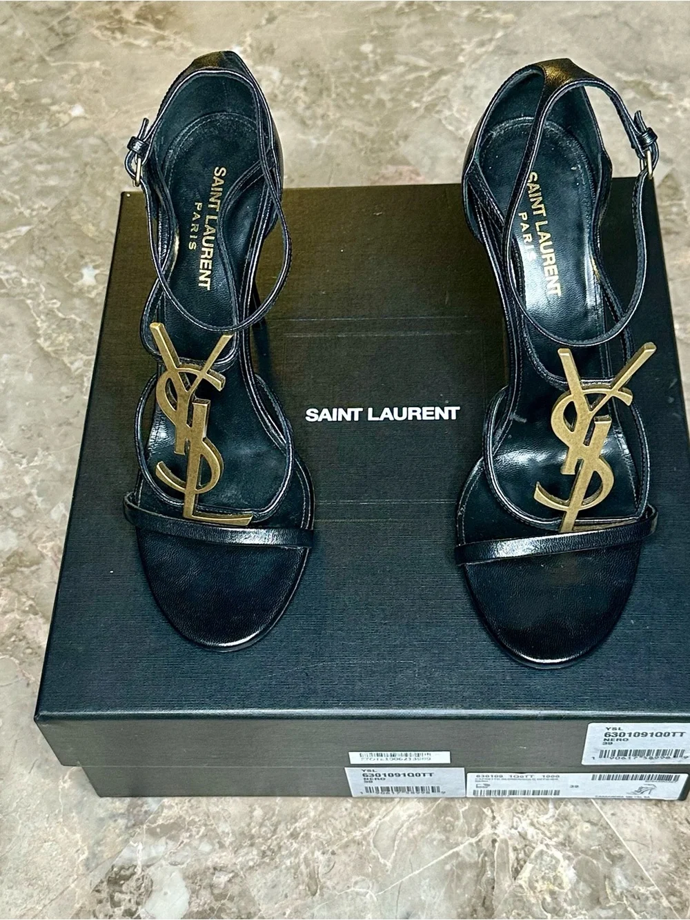 Saint Laurent Black Leather Heeled Sandals with Gold YSL Monogram - Picture 2 of 16